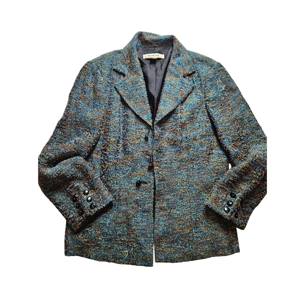 Blue Ice Womens Teal Bronze Textured Wool Blend Blazer Jacket Size 12 Vintage
